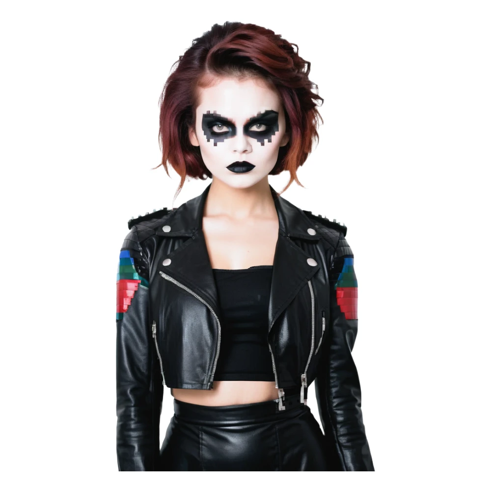 Chucky's bride wearing a black dress and black leather jacket, with dark makeup sticker