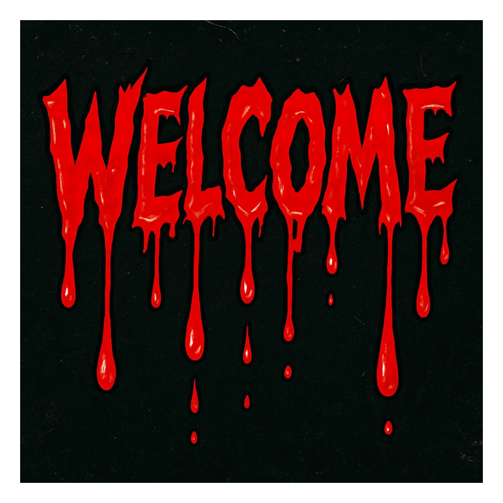 Welcome text with vivid horror style blood drip effect in comic book horror style, keep rest of banner unchanged sticker