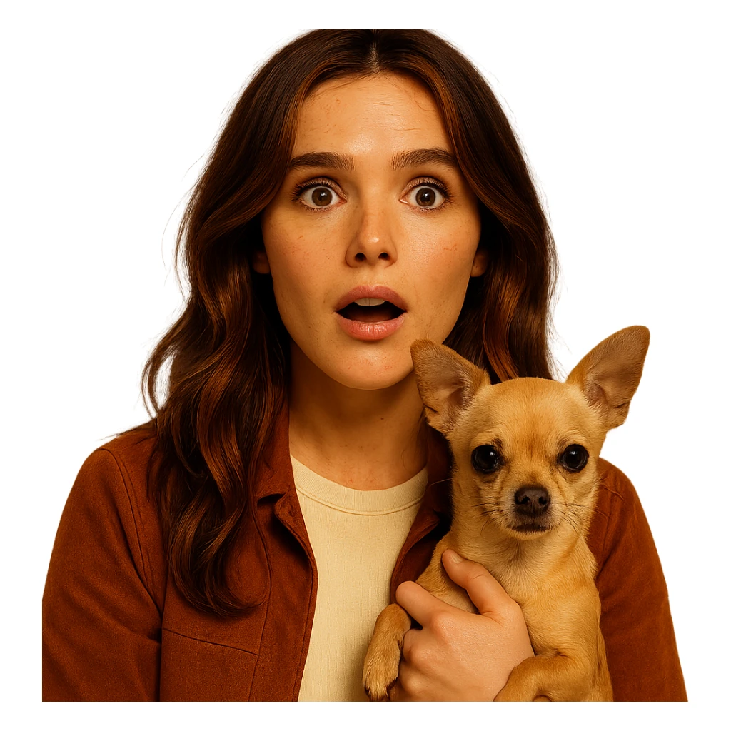 Portrait centered for Instagram profile picture, inspired by facial features visible in the reference images of Zoe Deutch, with tanned skin and subtle freckles. Wearing a shirt in color #FFF8CA and a rust-colored jacket. Brown mid-length hair with auburn highlights. Expression is surprised and amazed. Holding an expressive and cute beige-brown chihuahua. Style inspired by a Netflix series, intimate and expressive atmosphere inspired by Tenerife. Transparent background. sticker