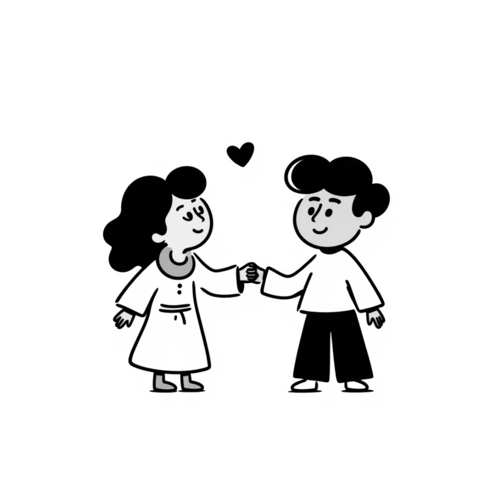 hand drawn cutesy tiny Jesus and a person, both smiling, with a small heart between them sticker