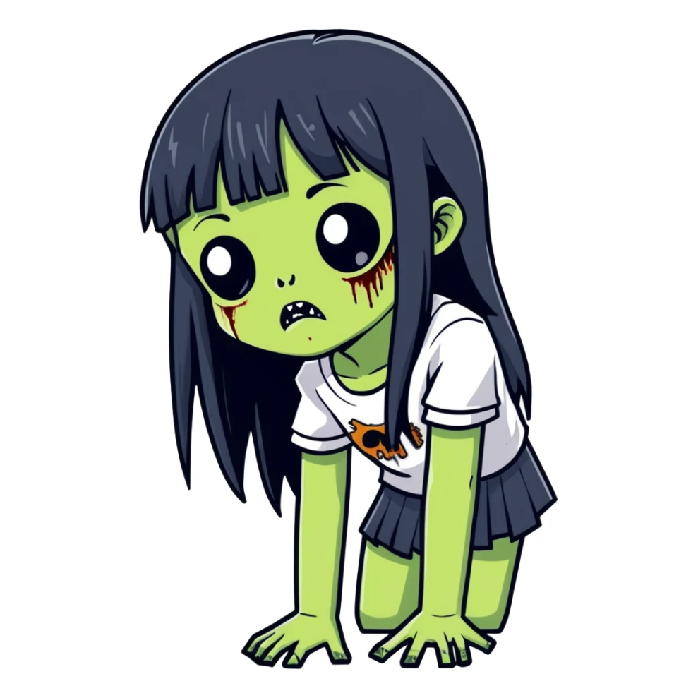 girl zombie with black long hair and bangs sticker