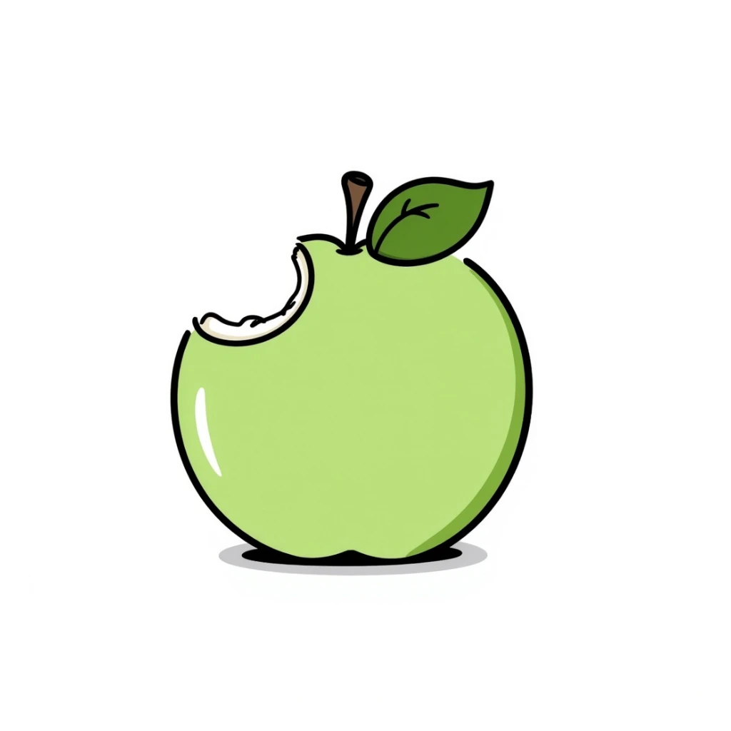 green apple with a bite taken out, fresh and slightly sour, hand-drawn doodle style sticker