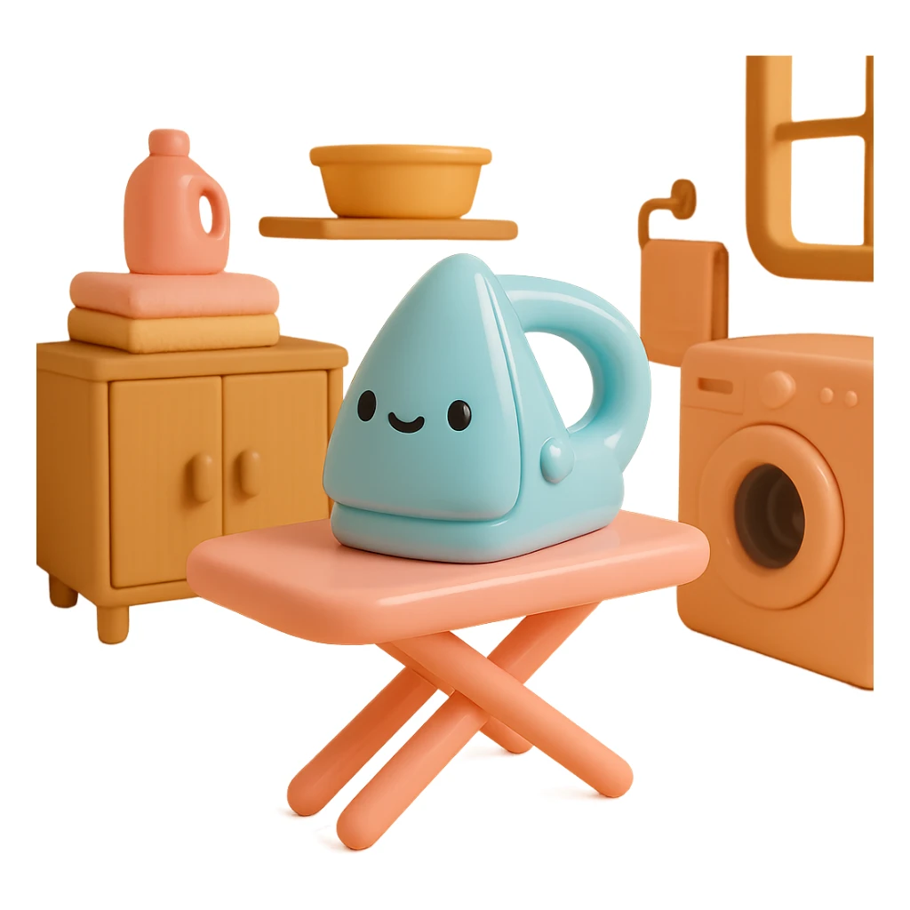 Place the vinyl figure style iron and ironing board in a cozy laundry room scene, with playful details and soft lighting, keeping the vinyl-figure look. sticker