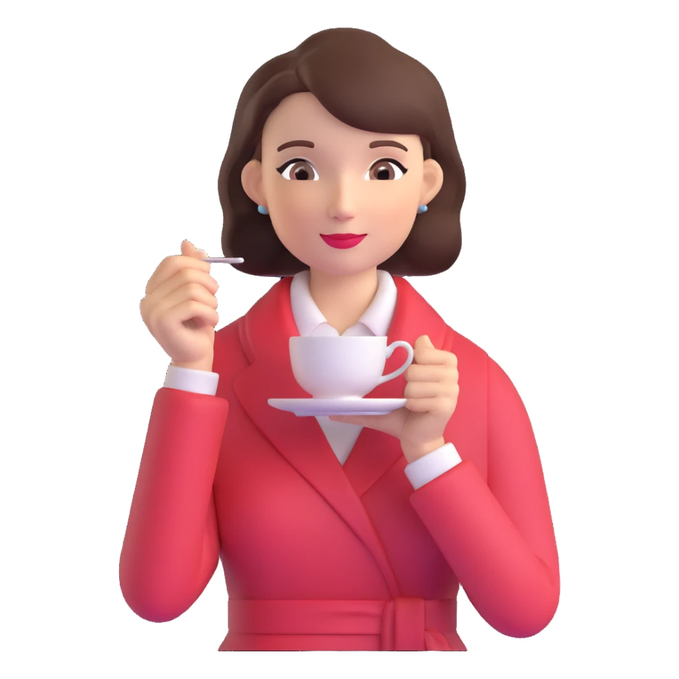 Sophisticated British woman holding teacup in one hand with perfect posture and refined gesture sticker