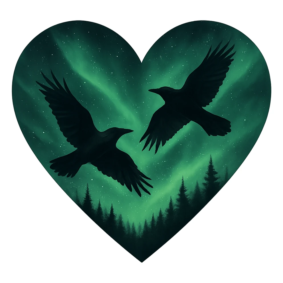  heart with green night sky and dark ravens, remove background sticker