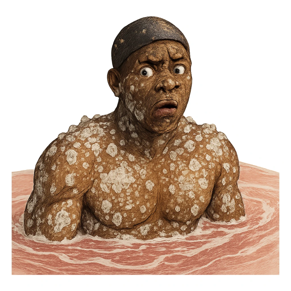 Африканский пловец в чуть рисованном объемном стиле, его тело в кристаллах и разводах соли, лицо недовольно удивленное, прозрачный фон, вода чуть розового цвета sticker