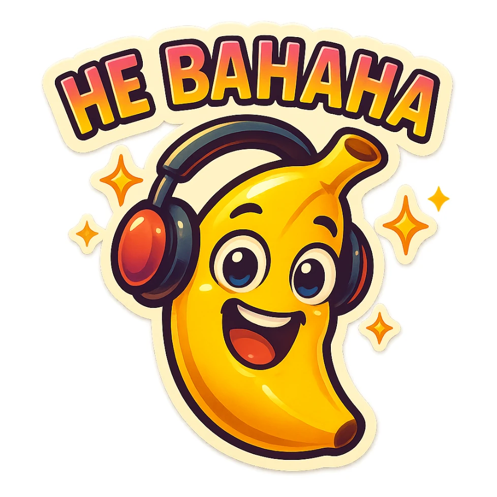 Funny cartoon banana, big happy smiling face, wearing tiny headphones, wide excited eyes, tiny sparkles around, text above: "НЕ БАНАНА ", chibi style, Twitch emoji style, colorful, transparent background sticker