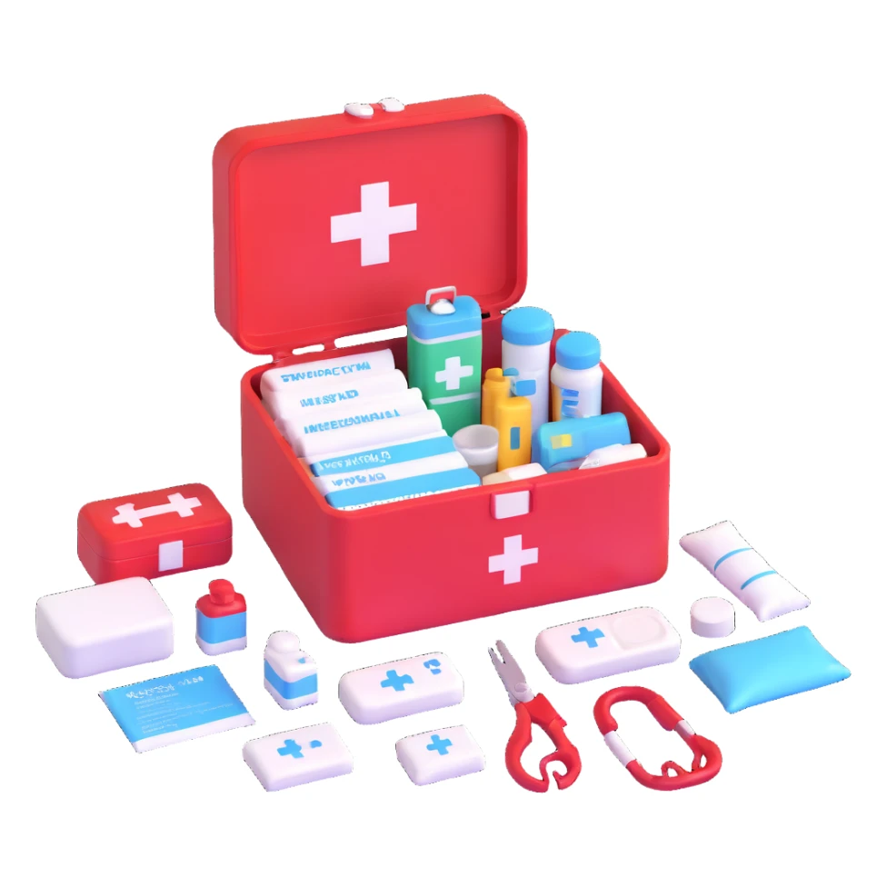 emergency first aid kit box open with medical supplies sticker