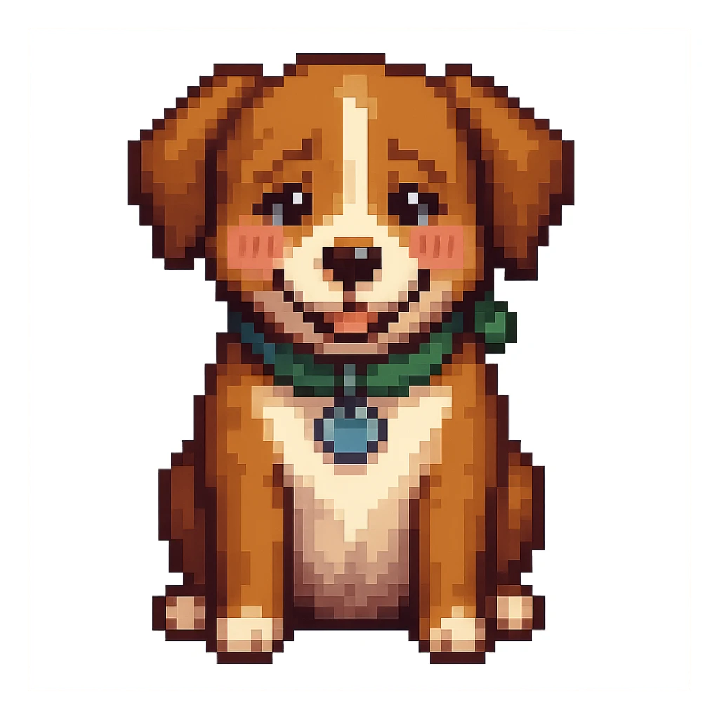 A shy smiling dog with blushing pink cheeks, pixel art style, transparent background. sticker