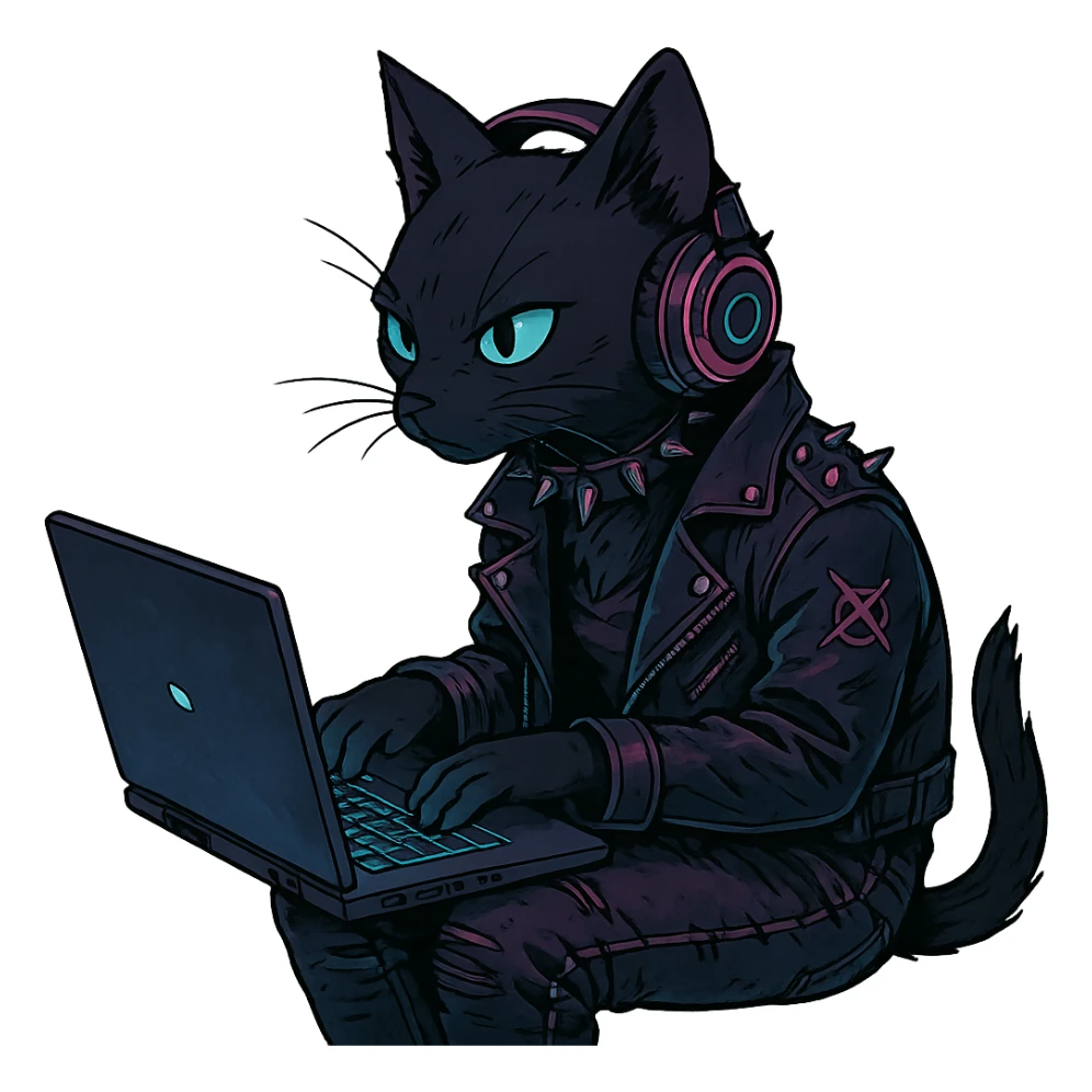  [[[it's a black cat typing at a laptop]]], , punk gothic style, futuristic cyberwave cyberpunk, sitting position
 sticker