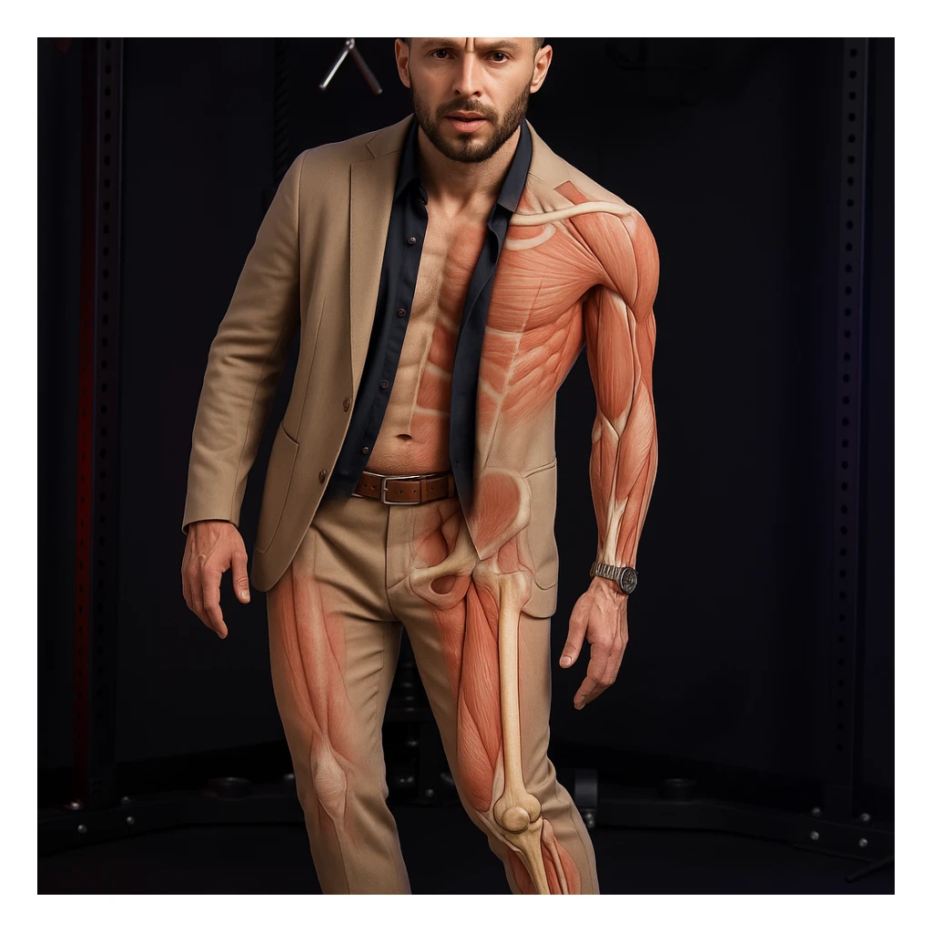 Realistic man standing in a gym, pose as in the reference, pelvis tilted, knee in valgus, and pronated foot. Visible skin and muscles, some translucent areas partially showing bones and joints involved (pelvis, knee, foot). Natural expression, clothing similar to the reference, hyperrealistic 4K details, gym environment. Variant 1. sticker