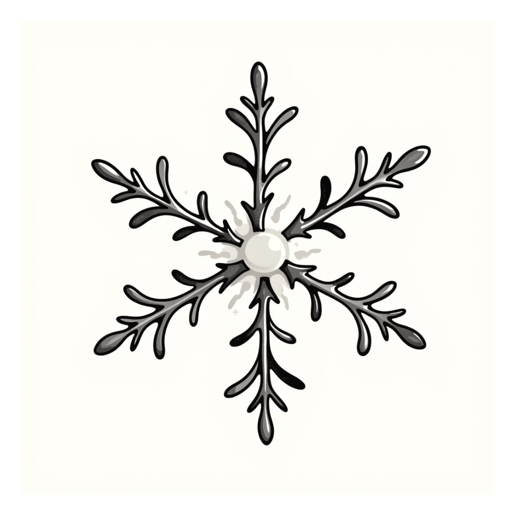 A detailed snowflake in pastel colors (dd9fb0, ffc6d3, a3bfc9, c4bee2, f1b091), hand-drawn doodle style sticker
