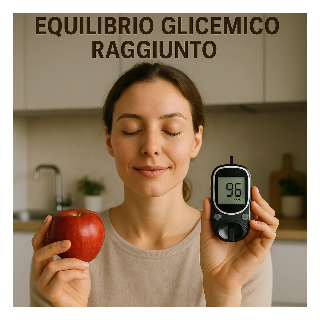 close-up of a woman with serene expression holding an apple and a glucometer with normal values, natural light, modern kitchen background, Italian text 'Equilibrio glicemico raggiunto', 4K quality sticker