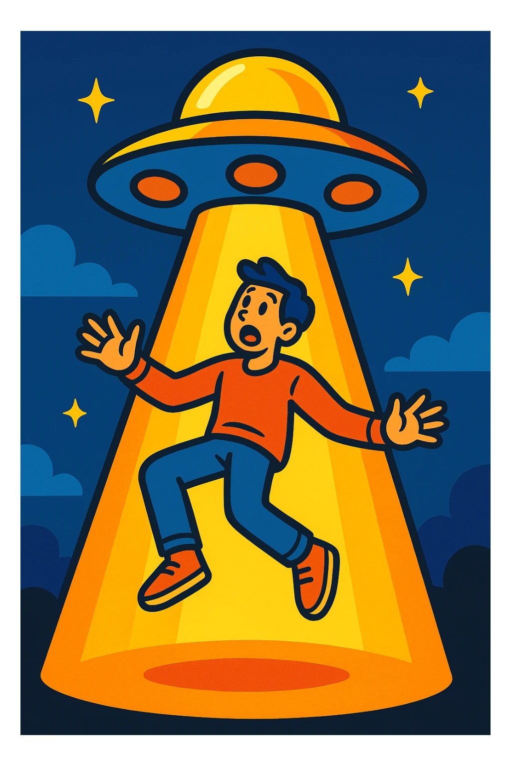 a person being lifted by a tractor beam, vibrant toon style sticker