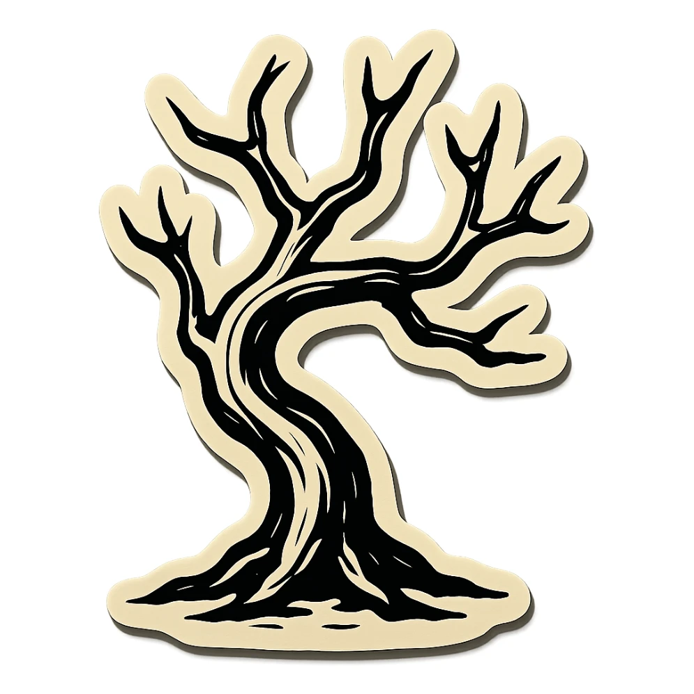 dry curved tree, contour style, sharp black lines, clear shadows and highlights, no gradients, retro stickers style sticker