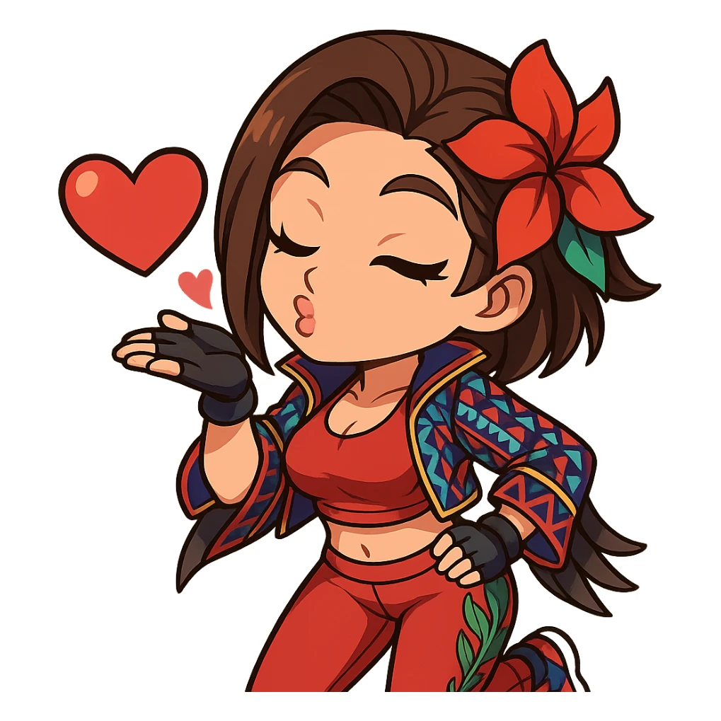 Azucena from Tekken 8 in chibi sticker style, blowing a kiss with a flirty expression, wearing the detailed red and patterned outfit from the reference images, designed for Twitch emote use. sticker