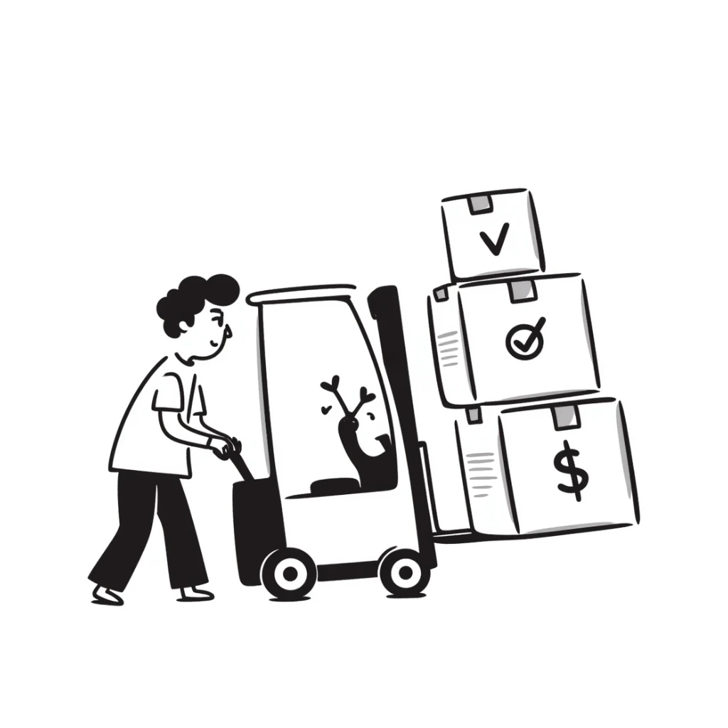 A hand-drawn warehouse worker with a forklift carrying inventory, representing a supplier sticker