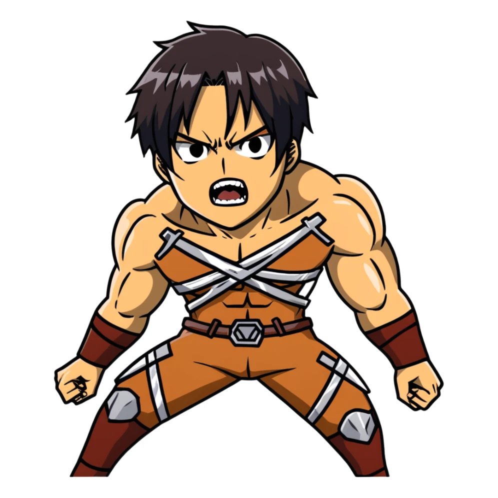 Eren's Attack Titan form, aggressive pose, muscular body with long dark hair sticker