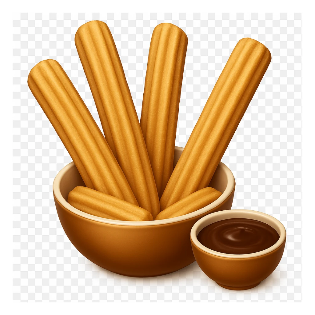 Remove the chocolate drizzle from the churros. Show churros with a small bowl of chocolate dipping sauce. Keep the background transparent. sticker