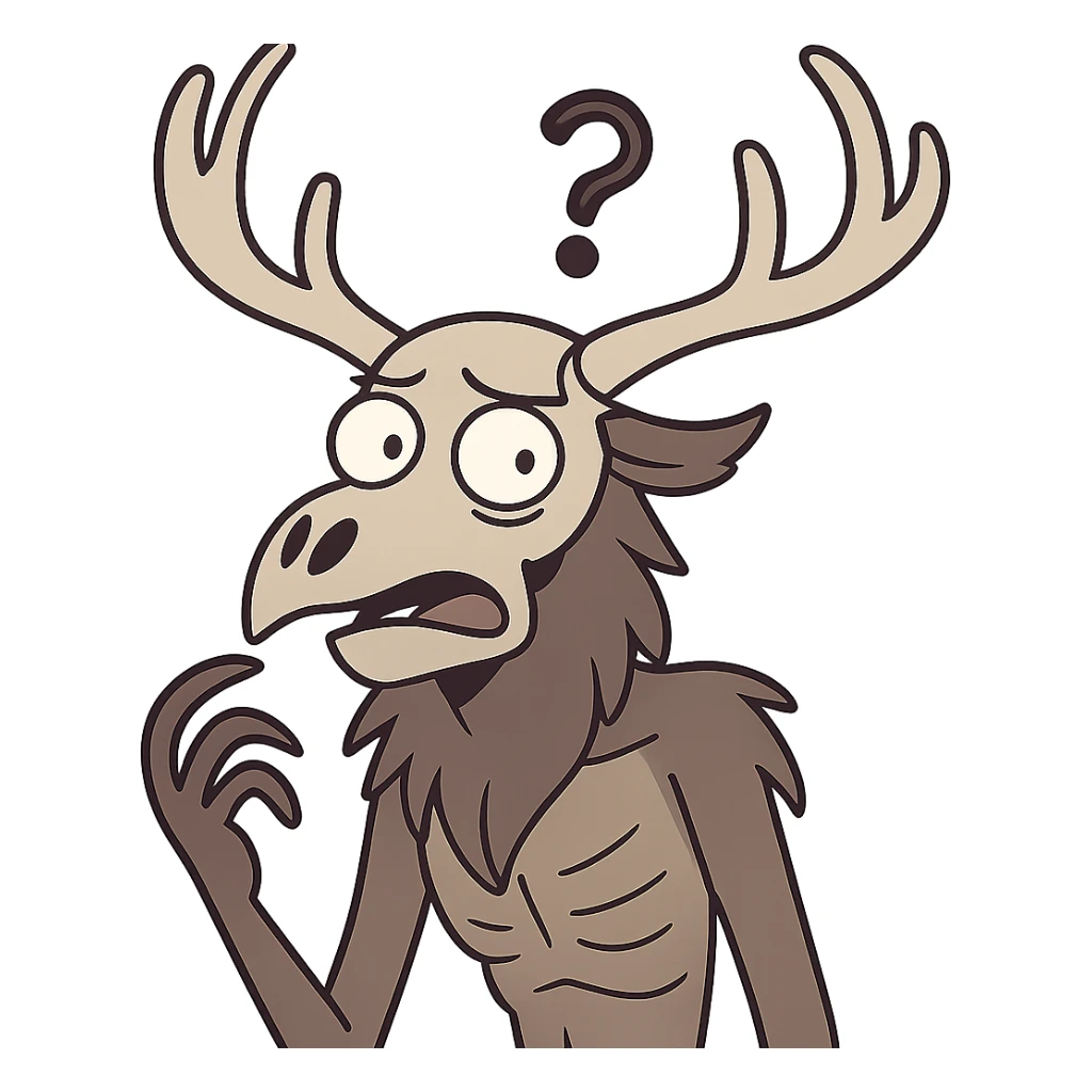cartoon wendigo with antlers, puzzled expression, floating question mark above its head sticker