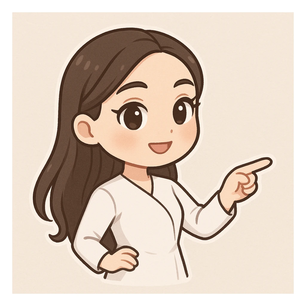 3D bitmoji chibi sticker of the girl from the reference, expressive face and eyes, long brown hair, pointing to the right with her body turned in that direction. sticker