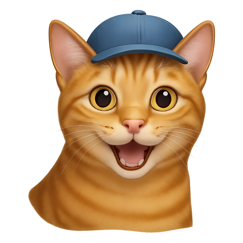Change the cat's face expression to happy, keep the blue cap, and set the background to transparent. Maintain a style as close to the original realistic emoji as possible, with detailed fur texture and lifelike appearance. sticker