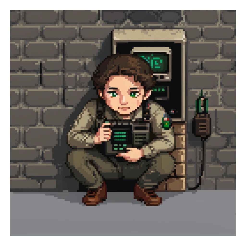 Mossad spy crouched behind a wall, holding a small radio, alert expression, pixel art style, simple background sticker