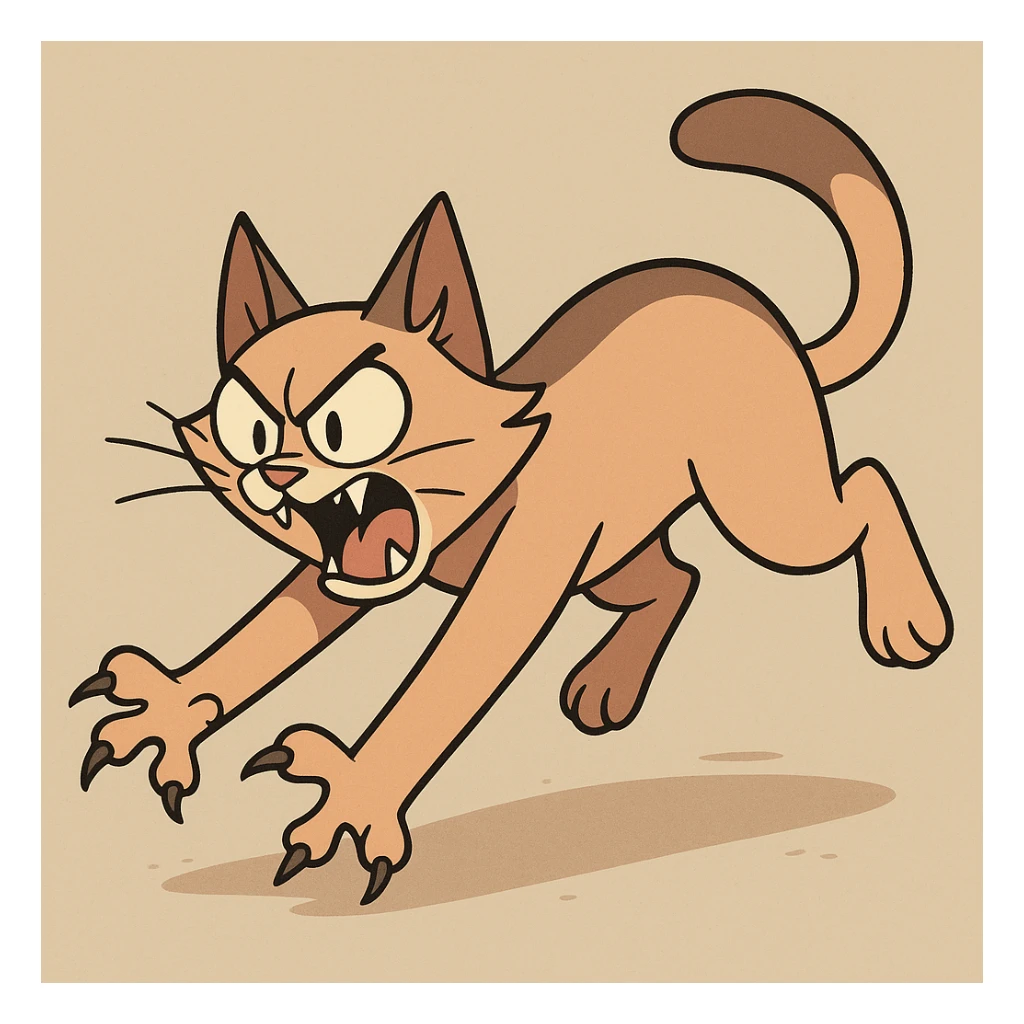 a cat launching a playful attack, cartoon style, dynamic and expressive sticker