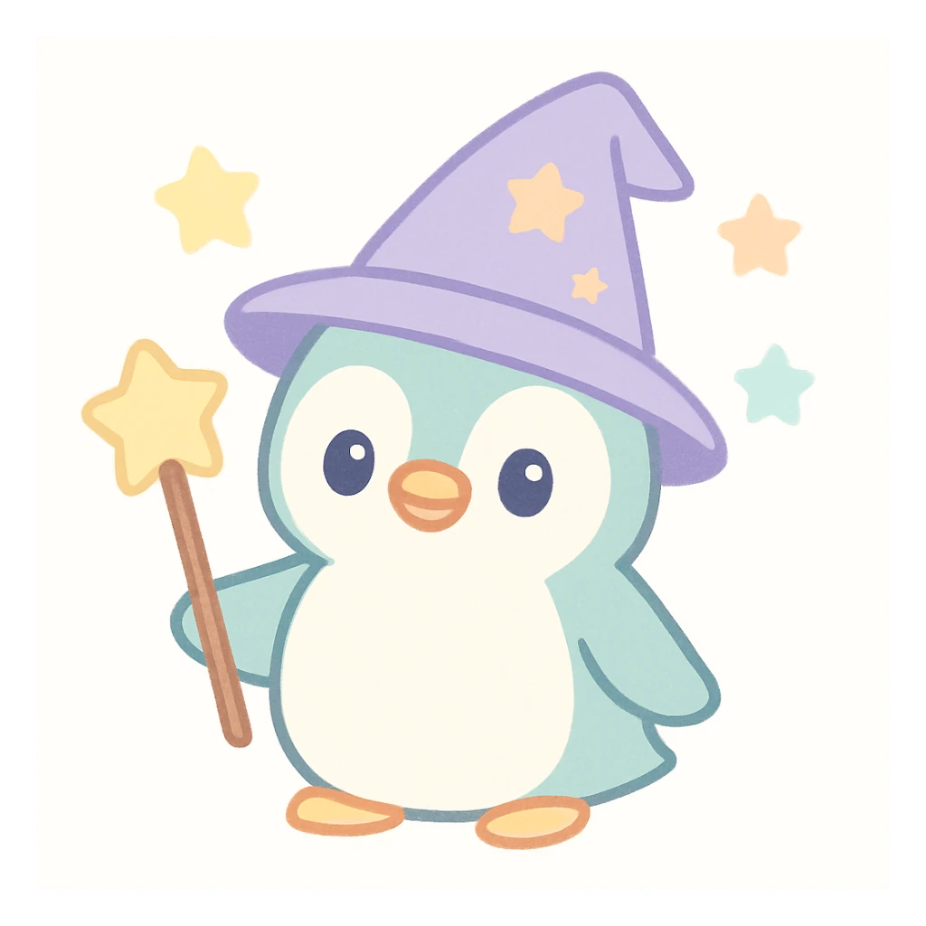 a penguin dressed as a wizard, with a pointed hat and a magic staff, in a fun and whimsical style sticker