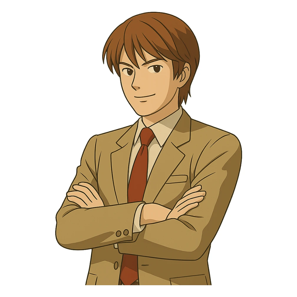 Light Yagami in Ghibli style, standing with arms crossed, confident expression, transparent background. sticker