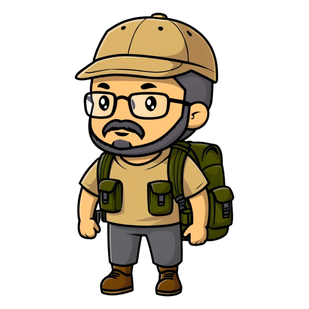 adventurer with goatee beard (no beard on cheeks), short hair, glasses, backwards military tan cap and backpack sticker