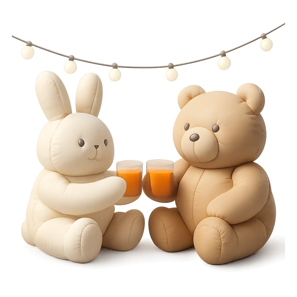 full-body bunny and bear clinking juice cups under string lights, cushion style sticker