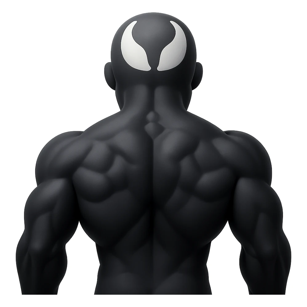Make this character a full black Venom, keeping the rear back view and muscular details, in the style of apple emojis with concise style and colors. sticker