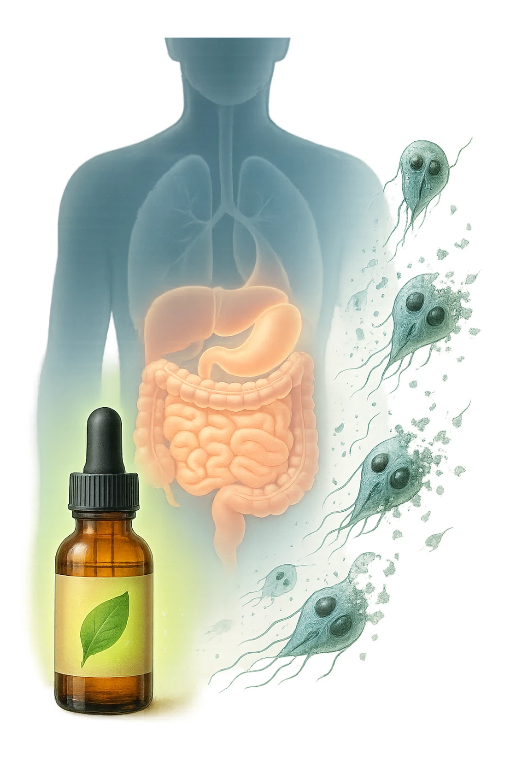 A realistic, high-quality medical illustration showing microscopic parasites leaving the human intestines, symbolically dissolving and breaking apart, after the intake of natural kinesiological drops. The drops are shown in a small amber glass dropper bottle in the foreground with a green leaf on the label, emitting a subtle glow symbolizing detox and cleansing. The background depicts a semi-transparent human silhouette with a highlighted digestive tract, showing clean, healthy intestines, while parasites in translucent fading colors are moving out, symbolizing elimination. The atmosphere is clean, fresh, and conveys a sense of natural healing, detoxification, and hope. sticker