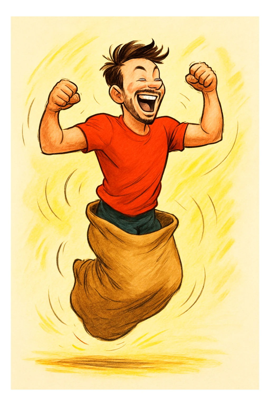 man jumping inside of a sack, energetic, simple background sticker