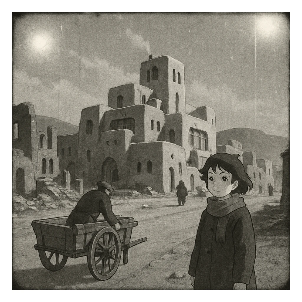 8mm film black and white, no color, light leaks. the image shows post-war reconstruction-era life in the z'rian commonwealth capital region, santa-fe neo-adobe futuristic architechture. arctic temperate region sticker