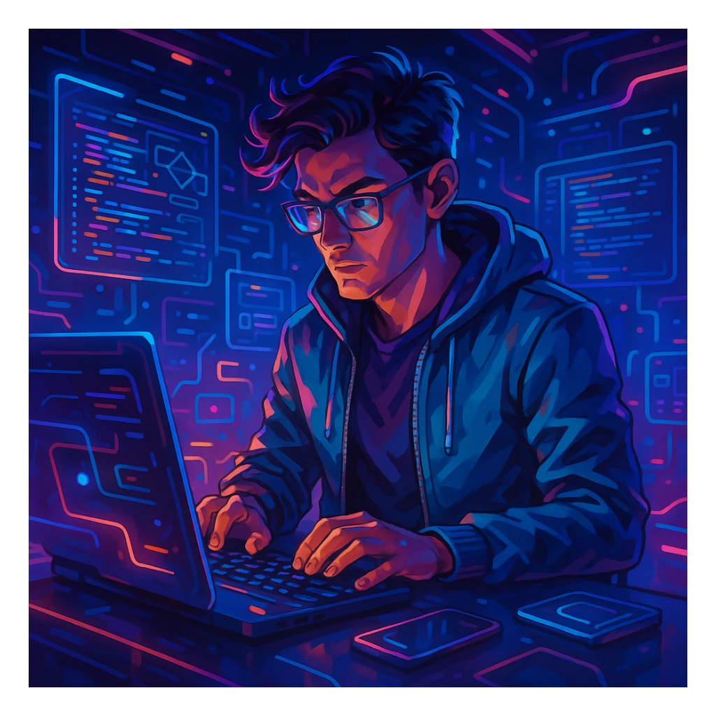 programmer, modern digital art style, detailed, vibrant colors, futuristic tech elements sticker