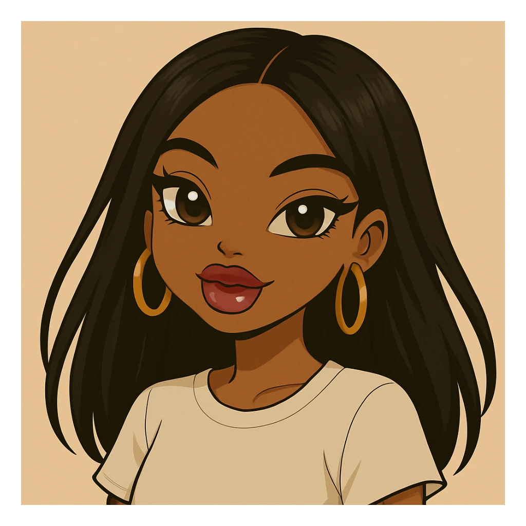 Change her expression to happy, headshot only, 20-year-old anime Bratz style woman with dark skin, straight hair, more casual outfit, big expressive eyes, glossy lips, no hat, no tears, looking straight ahead. The style should reflect anime Bratz aesthetics with vibrant colors and expressive features. sticker