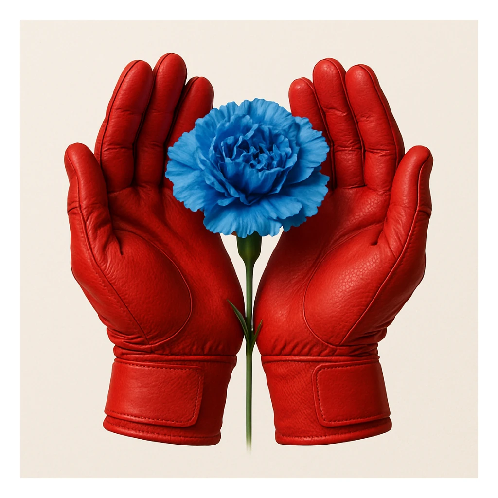 Two red batting gloves, palms facing out and held together, artistically forming a blue carnation flower. sticker