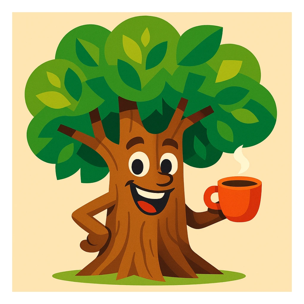 whimsical and friendly tree character holding a coffee cup in its hand, vibrant toon style sticker