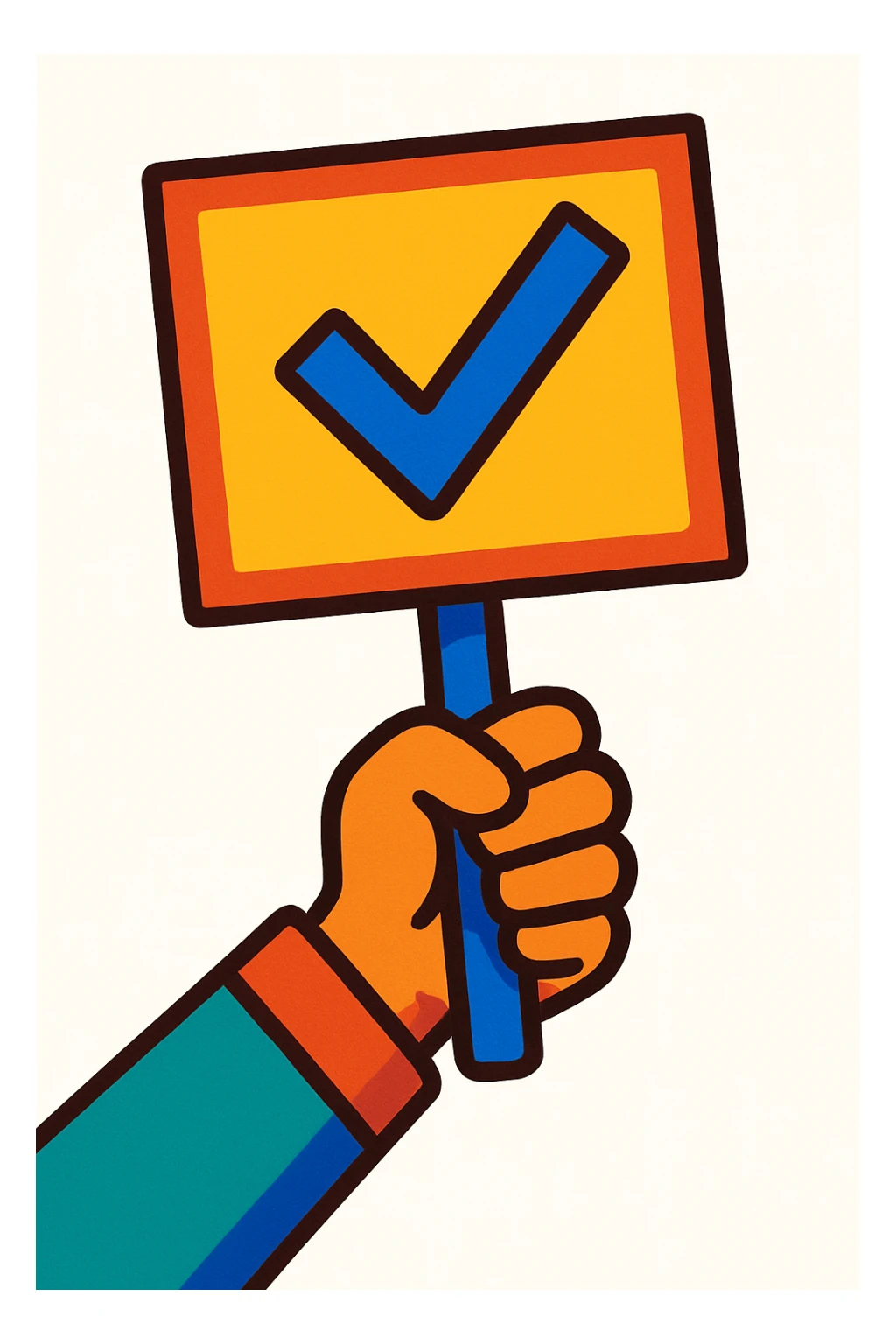 hand holding up a voting placard, colorful cartoon style, no text, white background sticker