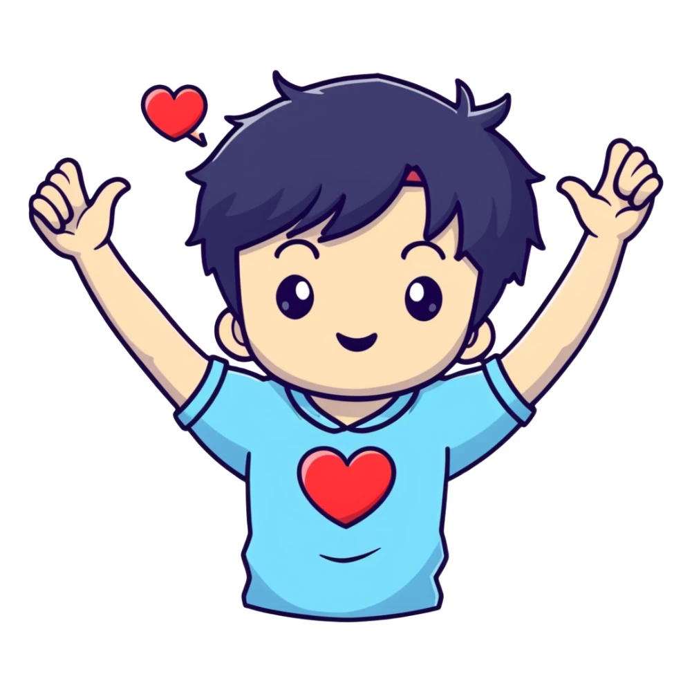 Black-haired male idol making a heart shape with his arms above his head, K-pop style sticker