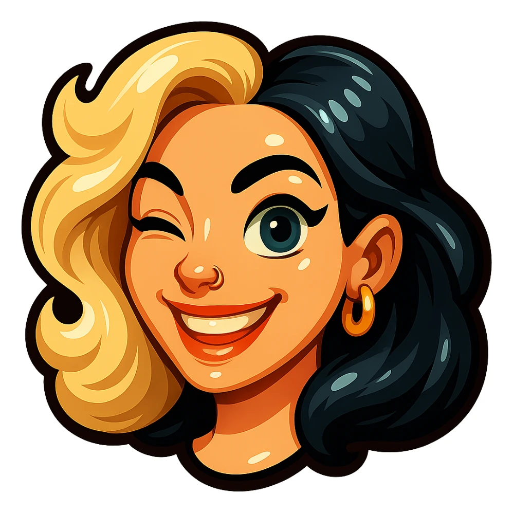 Remove the white outline completely. Add a nose piercing. Keep the Telegram sticker style with two-tone hair, a smile showing the upper row of teeth, winking, blue eyes, pale skin, and gold earrings. Only the head with hair, no background. sticker