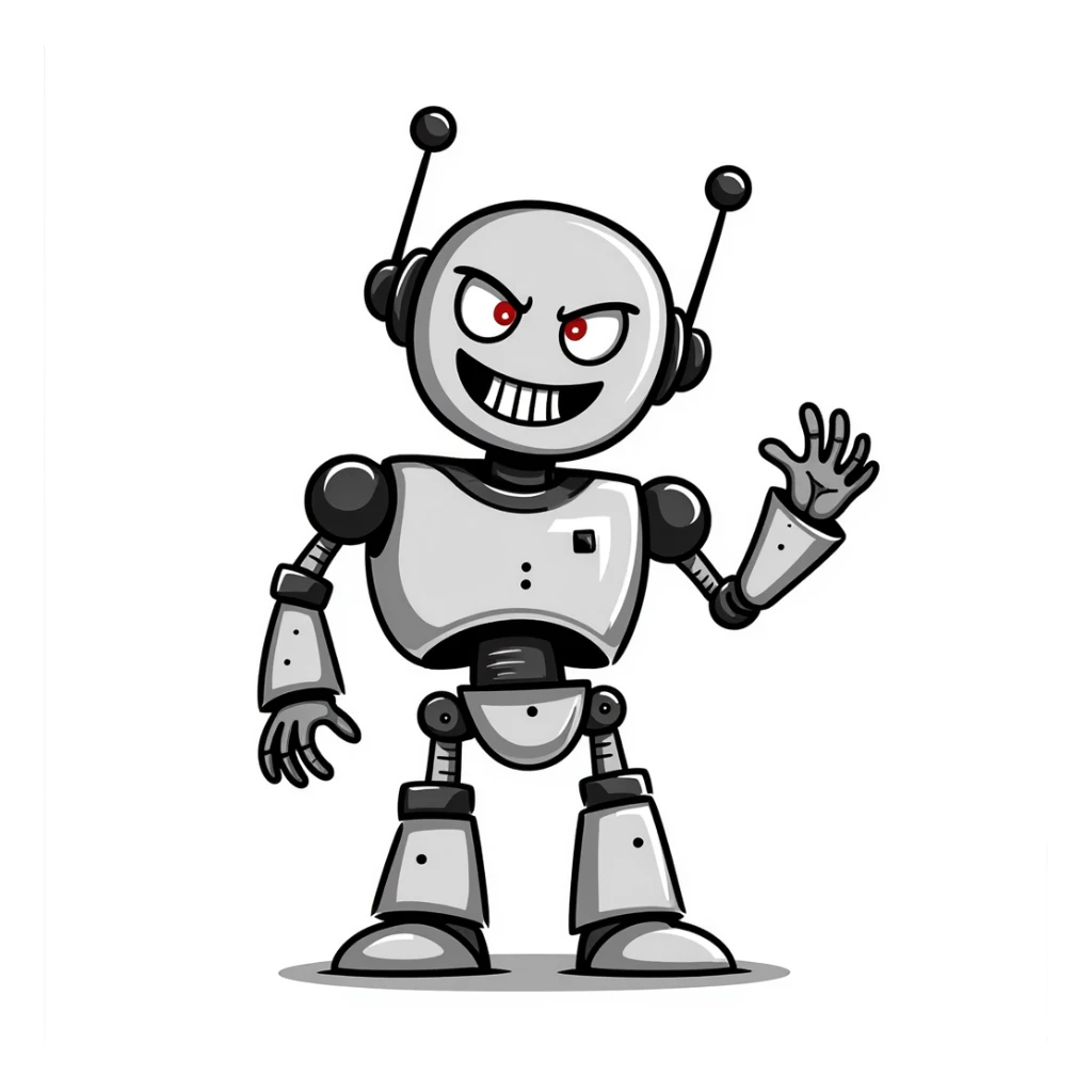 Hand-drawn evil robot with scary face and mechanical parts sticker