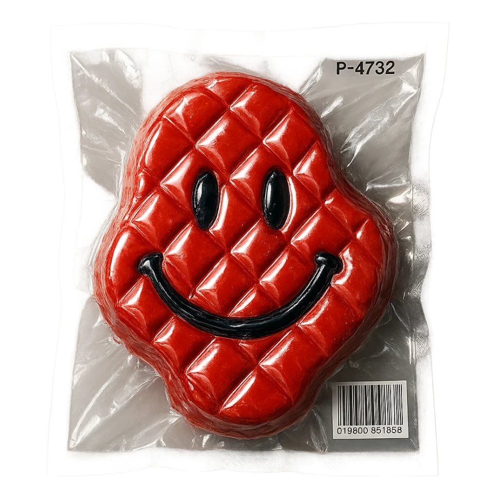 diamond-textured meat steak, shiny and inflated, vacuum-sealed style sticker