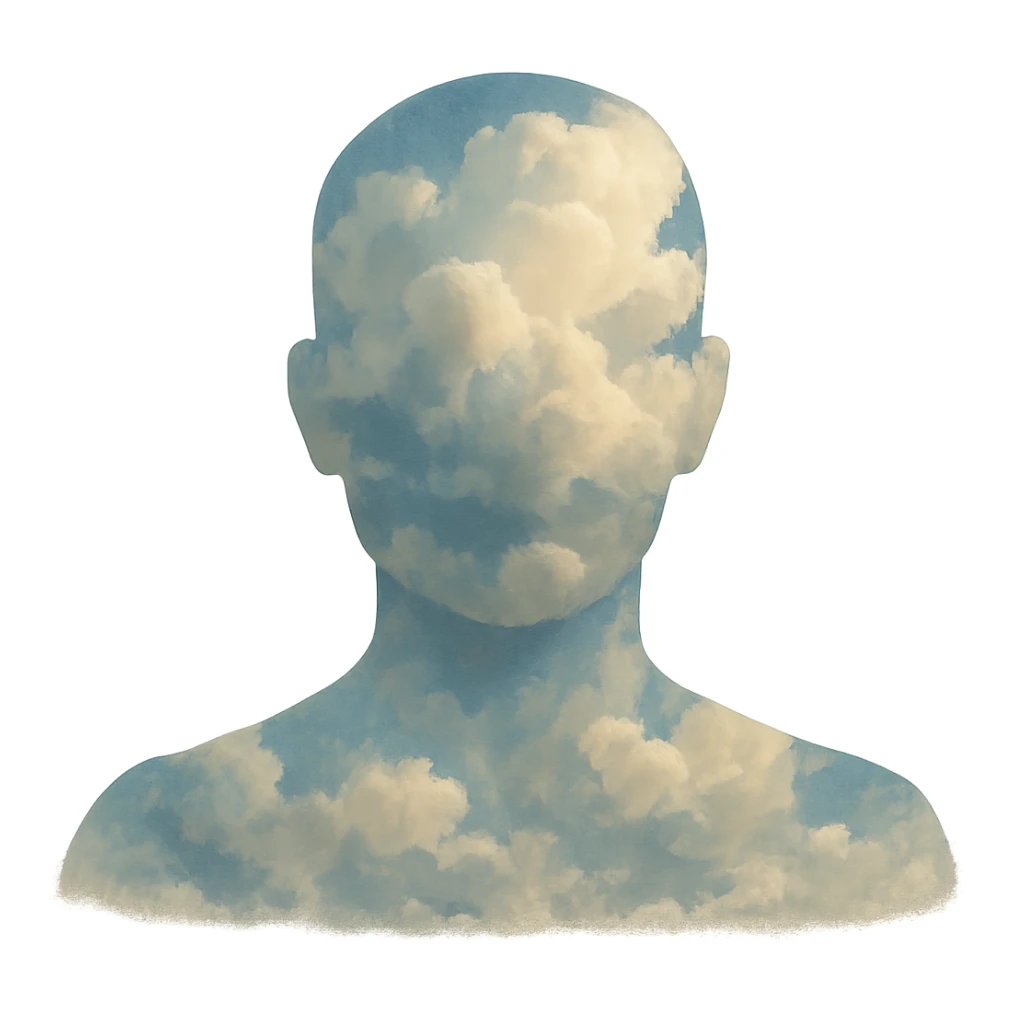 front-facing person from shoulders up, composed entirely of photo clouds inside, clouds styled like the reference sticker