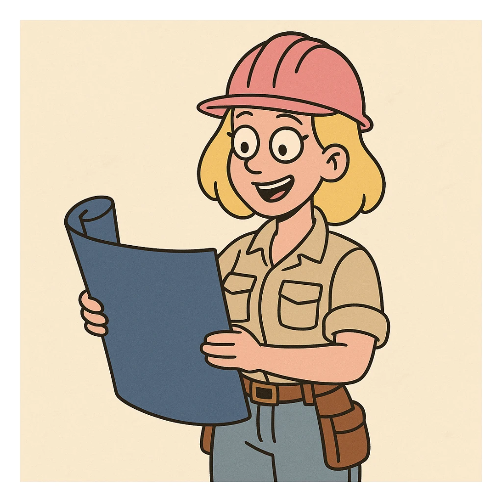 cartoon blonde female construction worker with pink hard hat, smiling, holding a blueprint, minimal background sticker