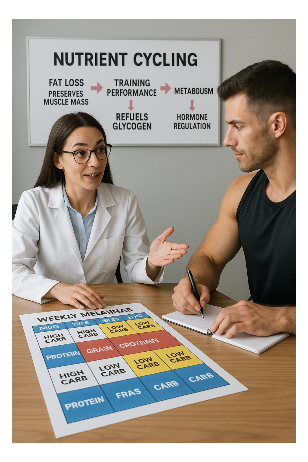 a nutritionist explains to an athlete how to cycle macronutrients for fat loss and training. On the desk, a weekly meal planner shows alternating high-carb and low-carb days, with color-coded sections for proteine, grassi, and carbo. The athlete takes notes, and a chart in the background illustrates the benefits of nutrient cycling. The mood is professional and educational. scritto in italiano sticker