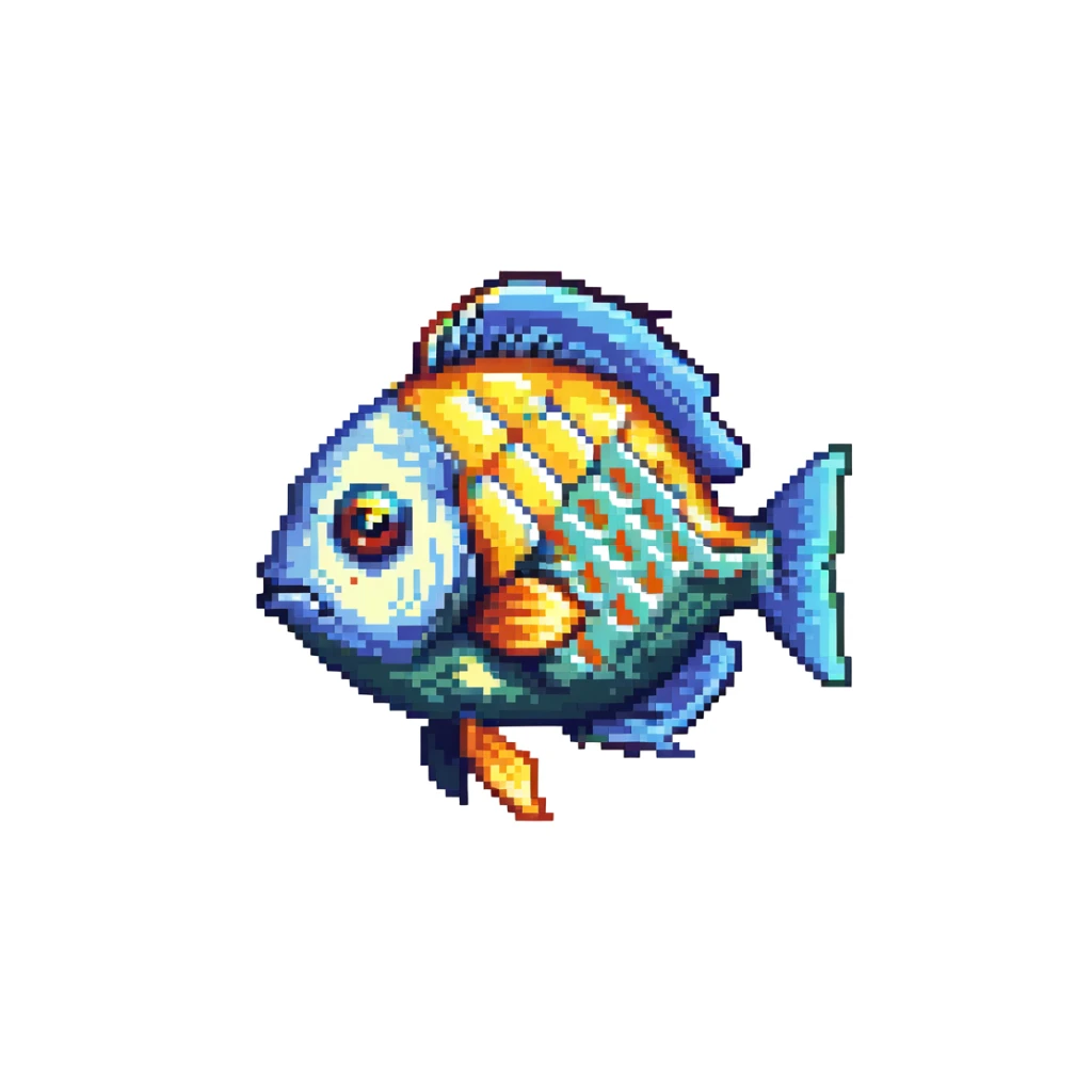 Tropical colorful fish for Minecraft inventory, eye pointing down-left at 45-degree angle, square texture, pixel art game asset sticker