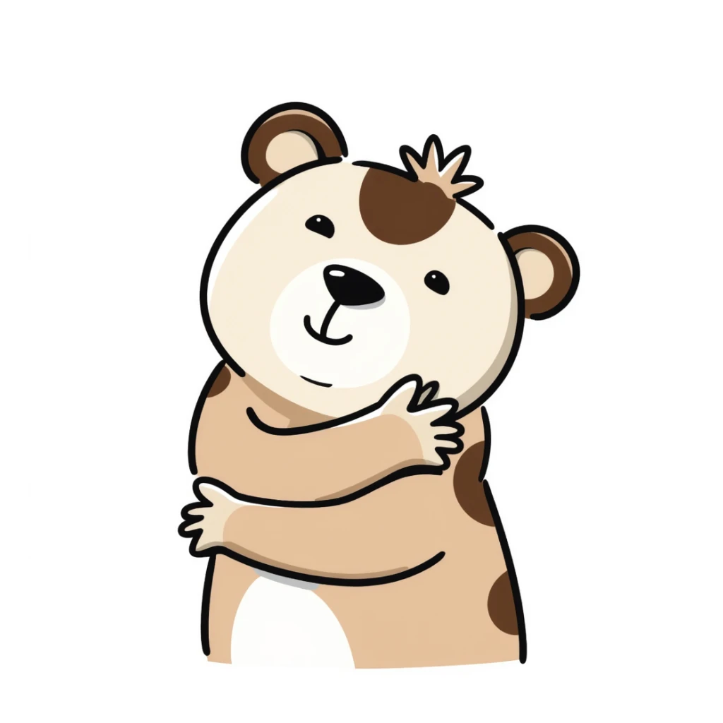 a brown and white bear hugging, hand drawn doodle style sticker